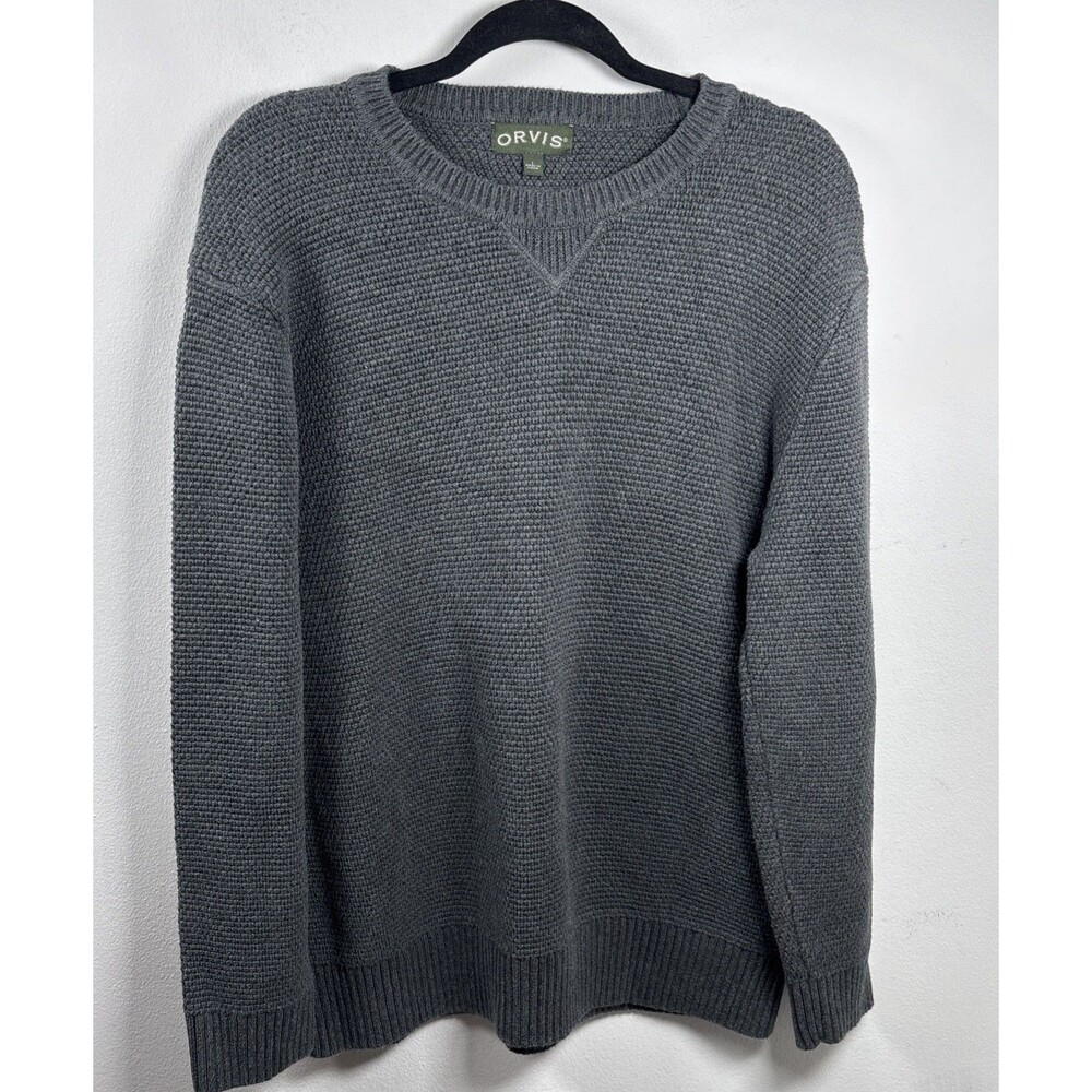 Orvis Men’s Large Gray Waffle Knit Cotton Crewneck Sweater Grandpa Core - Picture 9 of 11